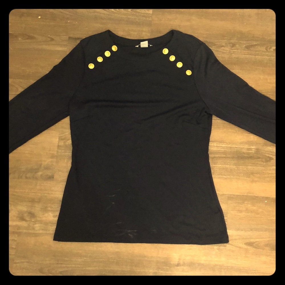 3/4 length sleeve navy shirt with gold buttons